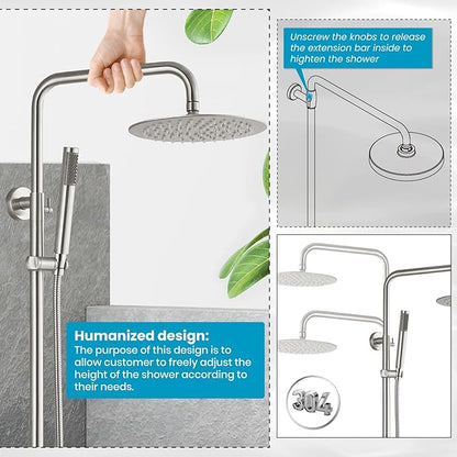 gotonovo Outdoor Shower Fixtures SUS304 Stainless Steel Rain Shower Kit Faucet High Pressure Wall Mount 2 Dual Function 8 Inch Showerhead and Handheld Spray Combo, Single Handle, Brushed Nickel