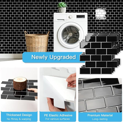 Art3d 10-Pack Subway Peel and Stick Backsplash, Black with Silver Grout | 12 x 12 Inch, Thickened Design, No Warping, Durable, Self-Adhesive, for Kitchen, Bedroom Decor, Ideal for New Home Buyers