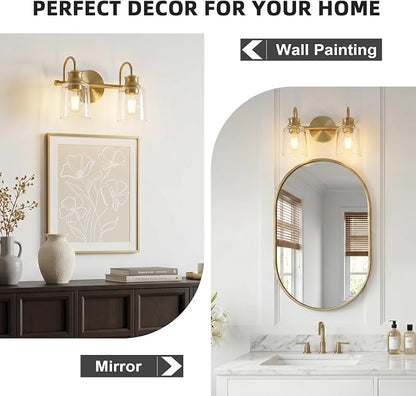 2 Lights Bathroom Light Fixtures Modern Gold Vanity Lights | ETL Certificate, Easy to Install,Wall Mount Up or Down,Thickened Glass Lampshade,E26 Socket,Hardwired