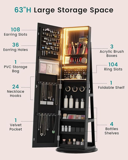 Vlskra Mirror Jewelry Cabinet Standing with Full Length LED Mirror, Black | Lockable Jewelry Armoire with 14 RGB Color Modes, Rotating Jewelry Organizer with Dustproof Lock, Gift Idea for Women, Girls