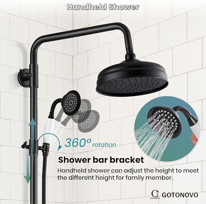 gotonovo Luxury Exposed Shower Faucet Set Bathroom Shower System 8 Inch Wall Mount Rainfall Shower Head with Handheld Spray Cross Double Handle Shower Fixture Adjustable Straight Rod Oil Rubbed Bronze