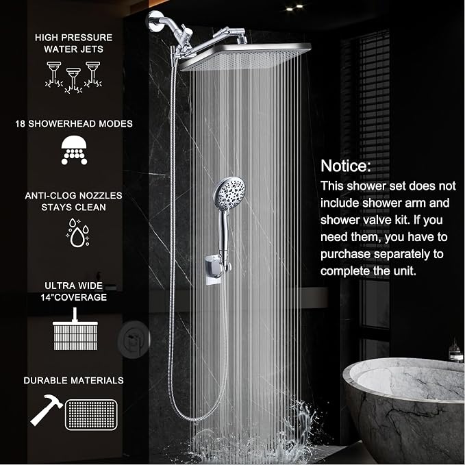 Rain Shower Head Combo-14''Rainfall ShowerHead,8 Modes Handheld with ON/OFF Pause Switch, Double High Pressure Shower heads with Hose,Adjustable and detachable for Couple and Kids