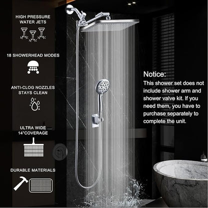 Rain Shower Head Combo-14''Rainfall ShowerHead,8 Modes Handheld with ON/OFF Pause Switch, Double High Pressure Shower heads with Hose,Adjustable and detachable for Couple and Kids