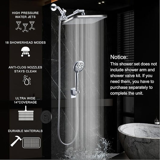 Rain Shower Head Combo-14''Rainfall ShowerHead,8 Modes Handheld with ON/OFF Pause Switch, Double High Pressure Shower heads with Hose,Adjustable and detachable for Couple and Kids