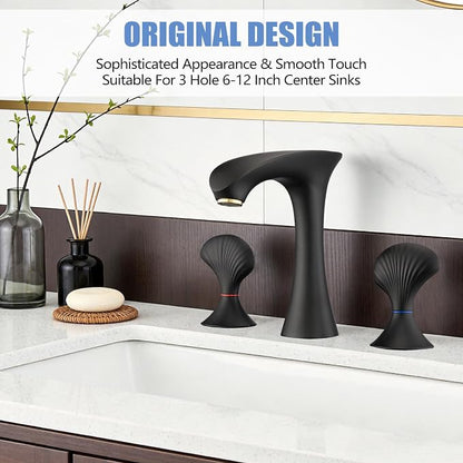 Matte Black Bathroom Faucet 3 Hole, 8 Inch Widespread Bathroom Sink Faucet for Vanity, 2 Handle Bathroom Faucets, Bathroom Vanity Faucet with Pop-Up Drain and Supply Hoses