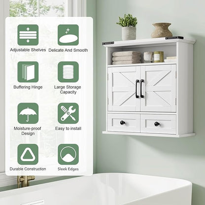 Bathroom Wall Cabinet, 23" x 25" Farmhouse Over The Toilet Storage with Motion LED Light & Safety Drawers, Wooden Medicine Cabinet, Water-Resistant White Organizer (9" Depth)