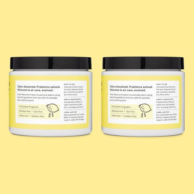 Fresh Wave Lemon Odor Eliminator Gel 2Pk 15 oz - Air Freshener for Home | Lasts 30-60 days. Plant-based odor absorber. No perfumes or harsh chemicals. Bathroom & closet deoderizer. Refills available.