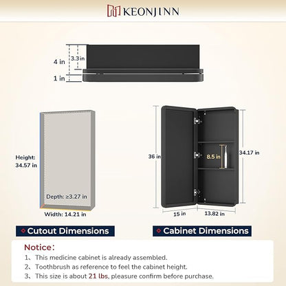 Keonjinn 15 x 36 Inch Black Slim Medicine Cabinets, Narrow Bathroom Side Medicine Cabinet with Mirror, Stainless Steel Framed, Adjustable Shelves, Recessed or Wall Mount, Modern Farmhouse