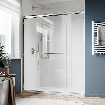 SUNNY SHOWER Double Sliding Glass Door 60" W x 72" H Shower Door 1/4" Tempered Glass Sliding Door Semi-Frameless Shower Glass Enclosure Bypass Walk in Shower Cabin, Chrome Finished