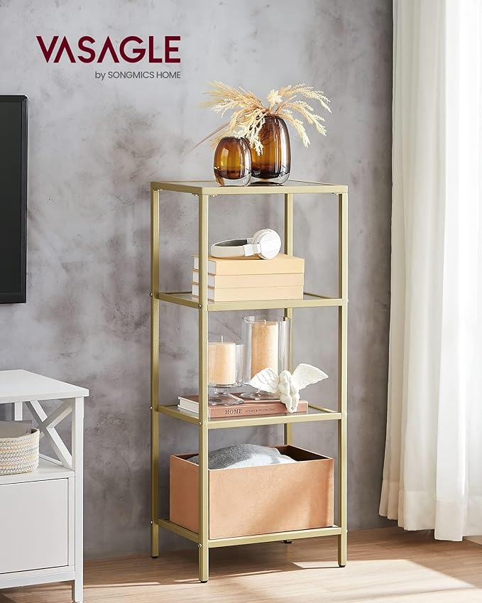 VASAGLE Bookcase, 4-Tier Bookshelf, Slim Shelving Unit for Bedroom, Bathroom, Home Office, Tempered Glass, Steel Frame, Metallic Gold ULGT28G
