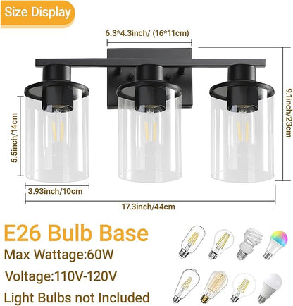 LOUSACE 3-Light Bathroom Light Fixtures, 17.3" Black Modern Vanity Lights with Clear Glass Shade, Bathroom Wall Lamp for Mirror Living Room Hallway Cabinet Porch, E26 Base