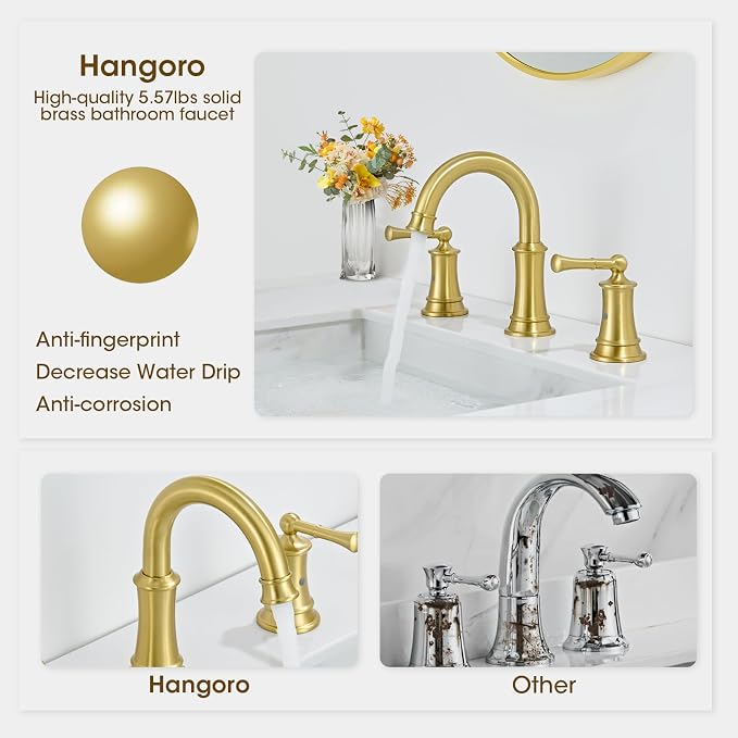 Gold Bathroom Faucet 3 Hole Sink Bathroom Fauce Solid Brass | Complete With Pop-Up Drain Assembly And cUPC Supply Lines For Widespread Vanity, Lavatory, And RV Sinks
