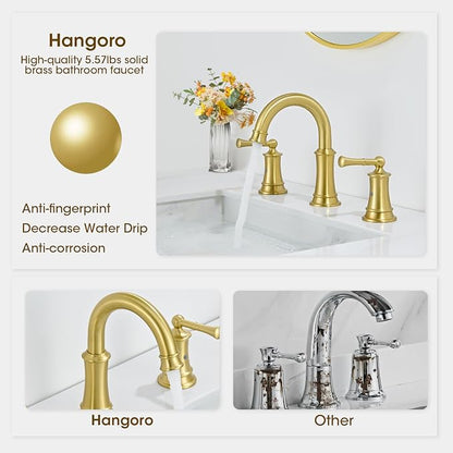 Gold Bathroom Faucet 3 Hole Sink Bathroom Fauce Solid Brass | Complete With Pop-Up Drain Assembly And cUPC Supply Lines For Widespread Vanity, Lavatory, And RV Sinks