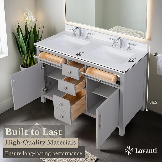 Lavanti Oakford 48 Inch Bathroom Vanity with Sink – Stylish Grey Vanity Bathroom with Storage Cabinet – Modern Bathroom Vanities with Double Vanity Sink & Quartz Countertop
