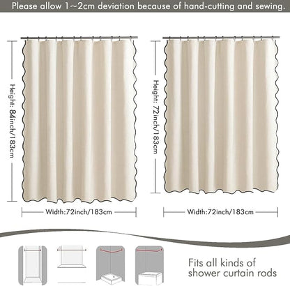 MIULEE Ivory Scalloped Linen Shower Curtain 72x78 Inches | Linen Textured, Waterproof, Washable, 12 Metal Hooks, Heavy Duty Cloth, Black Border, Shower Curtain for Bathroom Bathtub