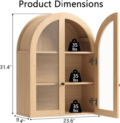 Bathroom Arched Wall Cabinet Over The Toilet Storage Cabinet, 23.5×31.4 Inch bathroom cabinet wall mount with Glass Doors & Adjustable Shelves, Wood Cabinet for Laundry Room, Bedroom Kitchen，Natural