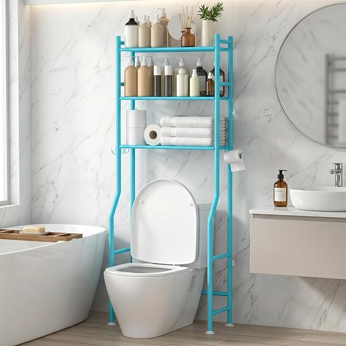 3-Tier Over Toilet Storage with Anti-Tilt Safety System - 150lb Total Capacity Metal Bathroom Shelves Including Paper Holder & 4 Hooks, Space Saving Above Commode Organizer (64" H, Blue)
