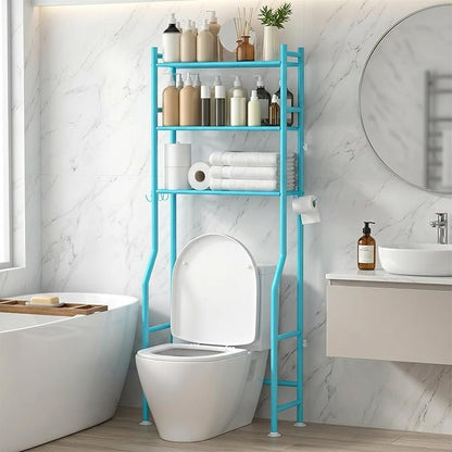3-Tier Over Toilet Storage with Anti-Tilt Safety System - 150lb Total Capacity Metal Bathroom Shelves Including Paper Holder & 4 Hooks, Space Saving Above Commode Organizer (64" H, Blue)