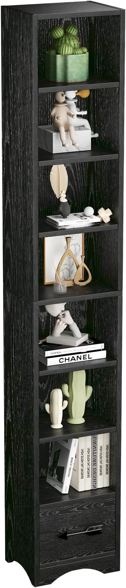 VECELO Tall Narrow Bookshelf with Drawer, 6 Adjustable Movable Shelves, Wood Space Saving Corner Storage Cabinet for Bathroom Bedroom, Sleek Black