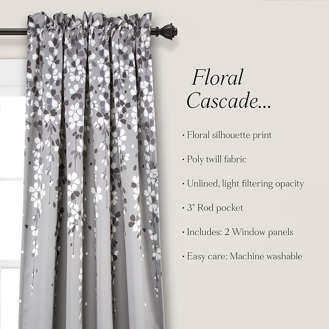 Lush Decor Weeping Flower Light Filtering Window Curtain Panels, Pair, 52"W x 95"L + 2" Header, Gray - Charming Modern Floral Curtains for Living Room, Dining Room, & Bedroom