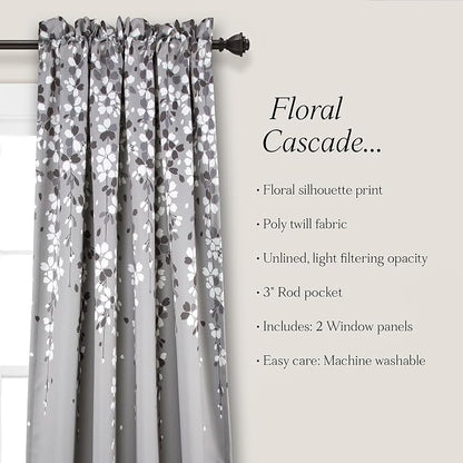 Lush Decor Weeping Flower Light Filtering Window Curtain Panels, Pair, 52"W x 95"L + 2" Header, Gray - Charming Modern Floral Curtains for Living Room, Dining Room, & Bedroom