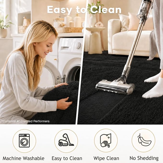 Ophanie Black Area Rugs for Bedroom Living Room, 4x6 Fluffy Fuzzy Shag Shaggy Carpet Soft Plush Furry Bedside Rug, Indoor Floor Rug for Kids Girls Boys Home Decor Aesthetic, Dorm Nursery