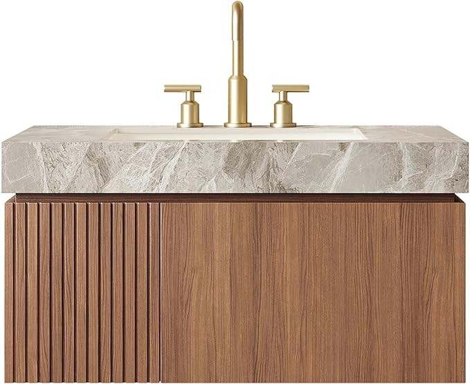 KEIKI 36 Inch Floating Bathroom Vanity with Sink, Modern Wall Mounted Storage Cabinet with Drawer, Pre-Assembled Waterproof Wood Panels, Sintered Stone Top & Ceramic Basin Combo Set, Brown Oak & Grey