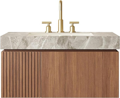 KEIKI 36 Inch Floating Bathroom Vanity with Sink, Modern Wall Mounted Storage Cabinet with Drawer, Pre-Assembled Waterproof Wood Panels, Sintered Stone Top & Ceramic Basin Combo Set, Brown Oak & Grey