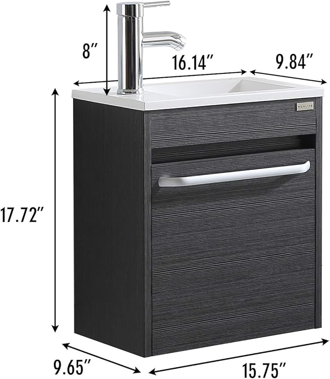 16 Inch Floating Vanity Bathroom Wall Mounted Vanity with Sink Basin & Chrome Faucet Set for Small Spaces (Black)