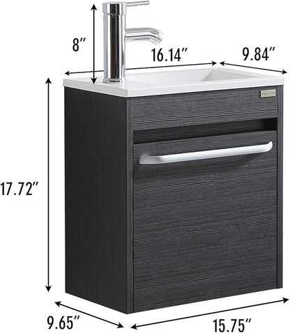 16 Inch Floating Vanity Bathroom Wall Mounted Vanity with Sink Basin & Chrome Faucet Set for Small Spaces (Black)
