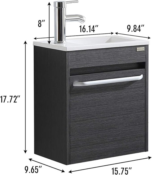 16 Inch Floating Vanity Bathroom Wall Mounted Vanity with Sink Basin & Chrome Faucet Set for Small Spaces (Black)