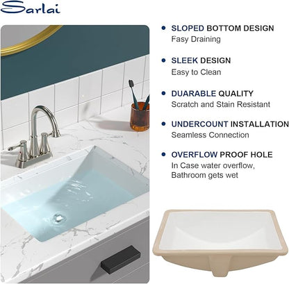 Sarlai Undermount Bathroom Sink - 21 x 15 inch Rectangular Vessel Sink Undermount Modern White Ceramic Rectangle Sink, Vanity Sinks Art Basin with Overflow, Interior Bowl Size 19" x 13"