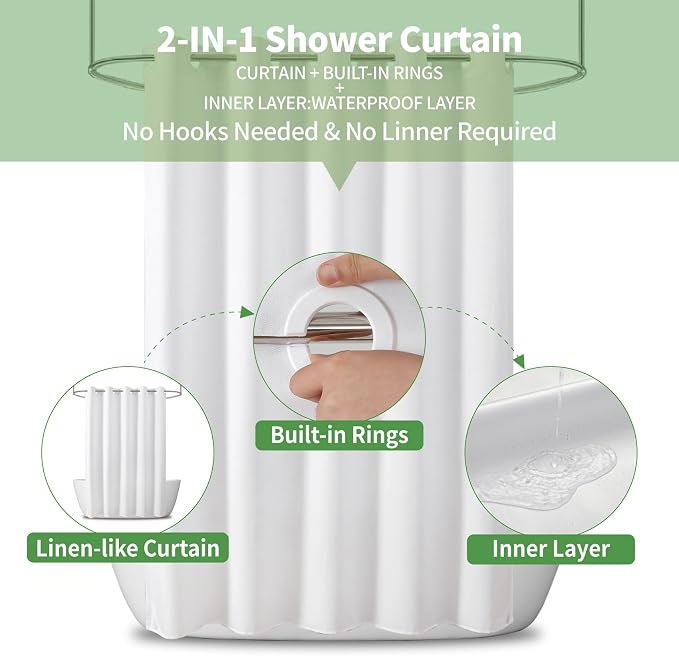 Stall No Hooks & No Liner Needed Fabric Shower Curtain,36"Wx74"L,White | Linen Texture,100% Waterproof TPU Laminated Layer,Bottom Magnets,Machine Washable,Hotel Style Bathroom Curtain For Shower,Tub