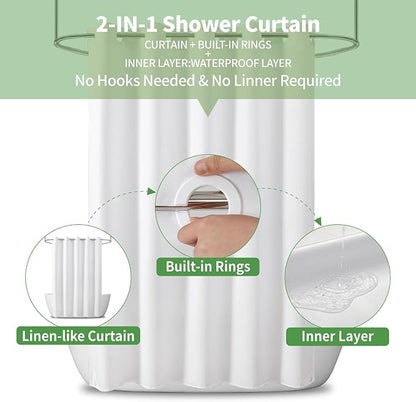 Stall No Hooks & No Liner Needed Fabric Shower Curtain,36"Wx74"L,White | Linen Texture,100% Waterproof TPU Laminated Layer,Bottom Magnets,Machine Washable,Hotel Style Bathroom Curtain For Shower,Tub