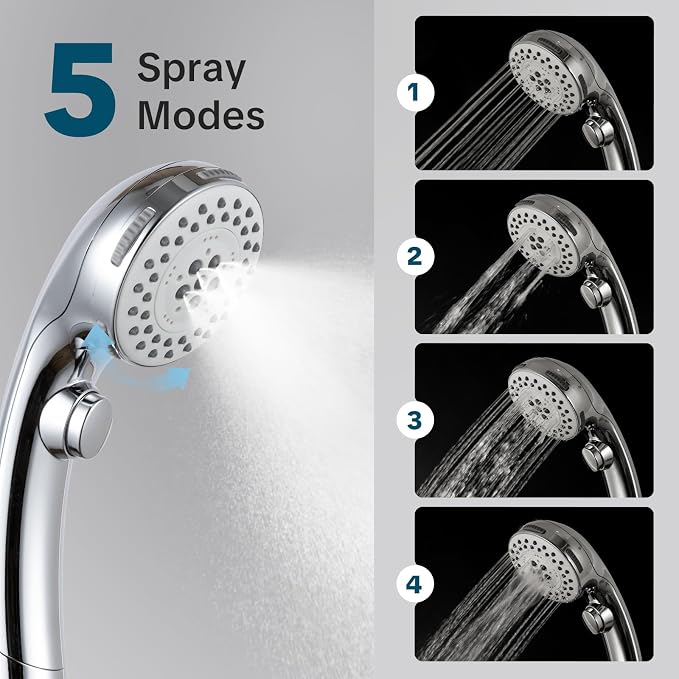 OFFO 5 Mode RV Shower Head Replacement, On Off Switch for Water Saving, High Flow Powerful Boosting Showerheads, Chrome