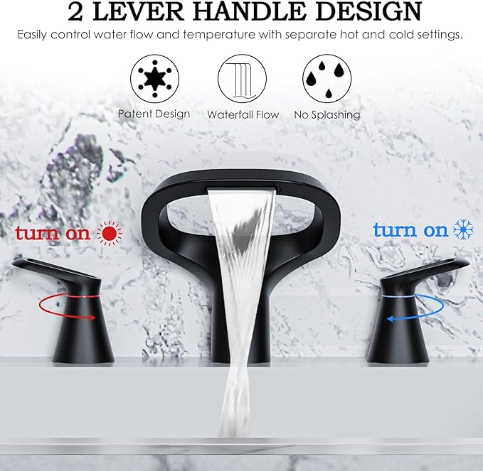 Matte Black Bathroom Faucet 3 Hole, Modern Faucet for Bathroom Sink with Adjustable Spout, Solid Brass 8 Inch Widespread Waterfall Bathroom Faucets with Supply Hoses and 2 Handles for Vanity Sink