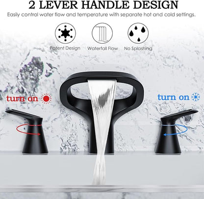 Matte Black Bathroom Faucet 3 Hole, Modern Faucet for Bathroom Sink with Adjustable Spout, Solid Brass 8 Inch Widespread Waterfall Bathroom Faucets with Supply Hoses and 2 Handles for Vanity Sink