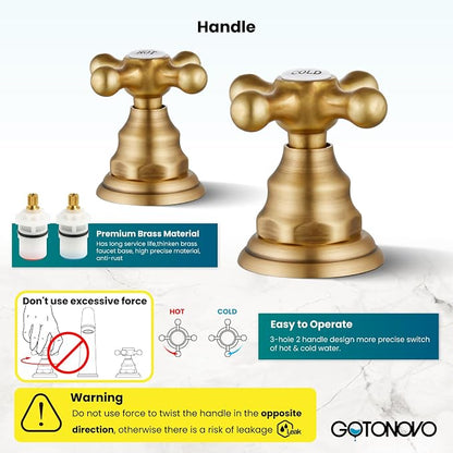 gotonovo Widespread Bathroom Sink Faucet 3 Hole Antique Brass,H&C Label | Vintage 8’’ Bathroom Faucet,2 Cross Handle,6-16’’ Sink,Vanity,RV,Farmhouse,SUS304,24’’ cUPC Hose,Pop Up Drain,Deck Mount
