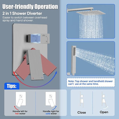 Gabrylly Rain Shower Head with Handheld Spray Combo, 10", Brushed Nickel | All Metal Shower System, High Pressure Rainfall Shower Faucet Set, Solid Brass Shower Valve Complete Shower Set for Bathroom