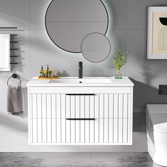30" Bathroom Vanity with Sink, Floating Vanity Bathroom Sink Cabinet Wall Mount, Soft-Close Function 2 Large Drawers, Grooved Stripe Design, Hidden Damping Drawers, White