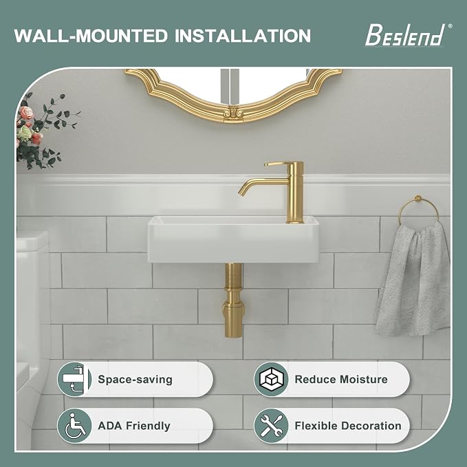 Wall Mount Bathroom Vessel Sink Space Saving | Beslend 17"x8" Inch White Ceramic Vessel Sink, Rectangular White Art Hand Wash Basin with Single Hole