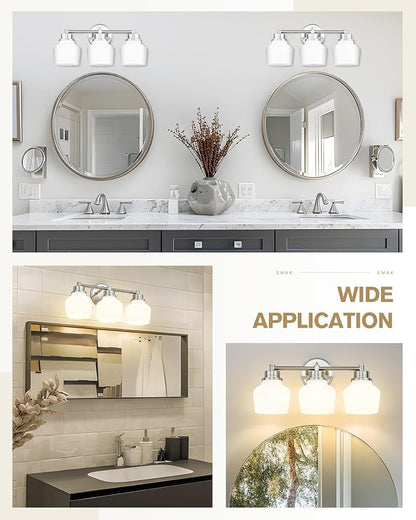 Emak Brushed Nickel Vanity Lights, Modern Milk Glass Bathroom Light Fixtures, 3-Light Bathroom Vanity Light Over Mirror, VL122-BN-ML-3