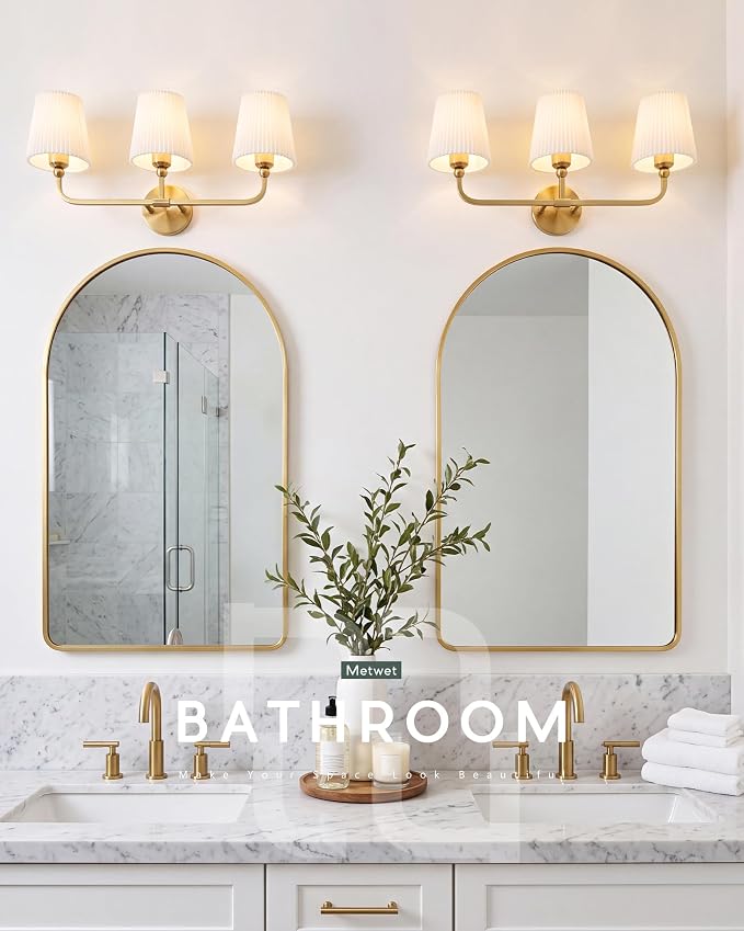 3-Light Gold Bathroom Vanity Light, Beige Pleated Fabric Shade | 25" 3-light gold double wall sconce with beige pleated fabric shades, E26 bulbs, hardwired, upward only, VL837-BG-Z-B-3
