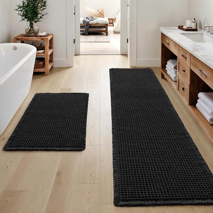MIULEE Set of 2 Waffle Bathroom Rugs Boho Bath Mat Black 17"x24"+17"x48" | Non Slip, Super Absorbent, Washable, Ultra Soft, Rubber Backed, Small Bath Rug and Bathroom Runner for Floor Tub Shower