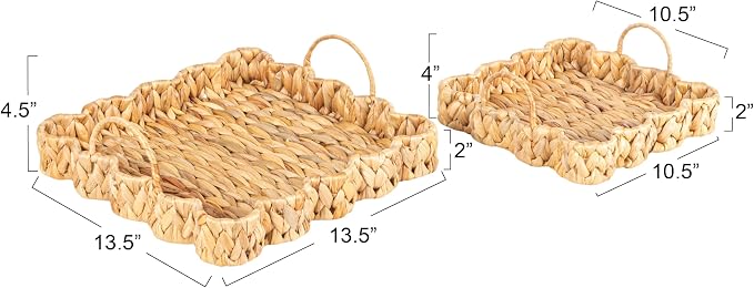 Household Essentials Woven Water Hyacinth Scalloped Square Trays, Set of 2, Natural