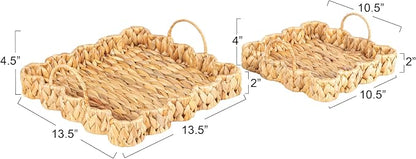 Household Essentials Woven Water Hyacinth Scalloped Square Trays, Set of 2, Natural