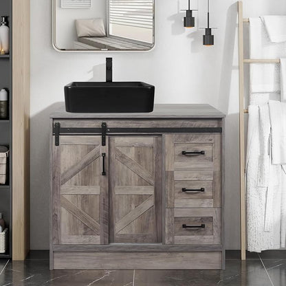 36 Inch Barn Door Bathroom Vanity, Farmhouse Style Standing Pedestal Cabinet with Square Black Ceramic Vessel Sink