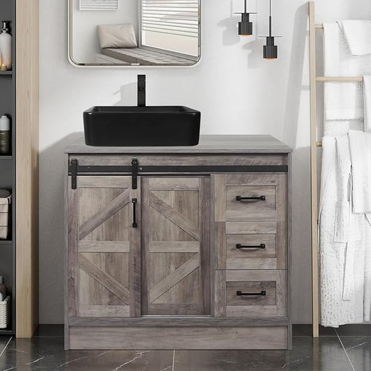 36 Inch Barn Door Bathroom Vanity, Farmhouse Style Standing Pedestal Cabinet with Square Black Ceramic Vessel Sink