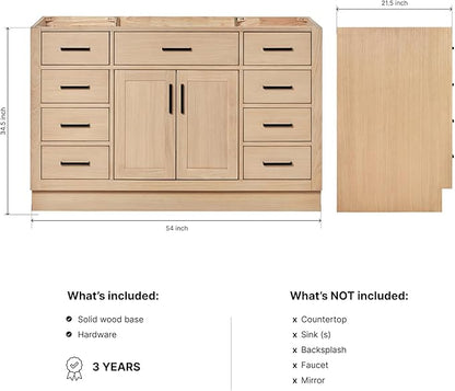 ARIEL Hepburn 54-inch Bathroom Vanity Base Cabinet,Solid Wood, 2 Soft Closing Doors, 9 Dovetail Drawers, White Oak
