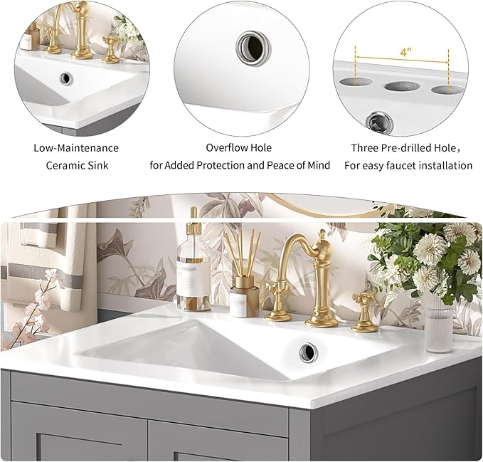 24" Freestanding Bathroom Vanity with Sink, Floor Stand Bathroom Storage Cabinet with Ceramic Sink, Door with Double-Layered Storage Shelves, Modern Compact Vanity with Divided Drawer, Gray